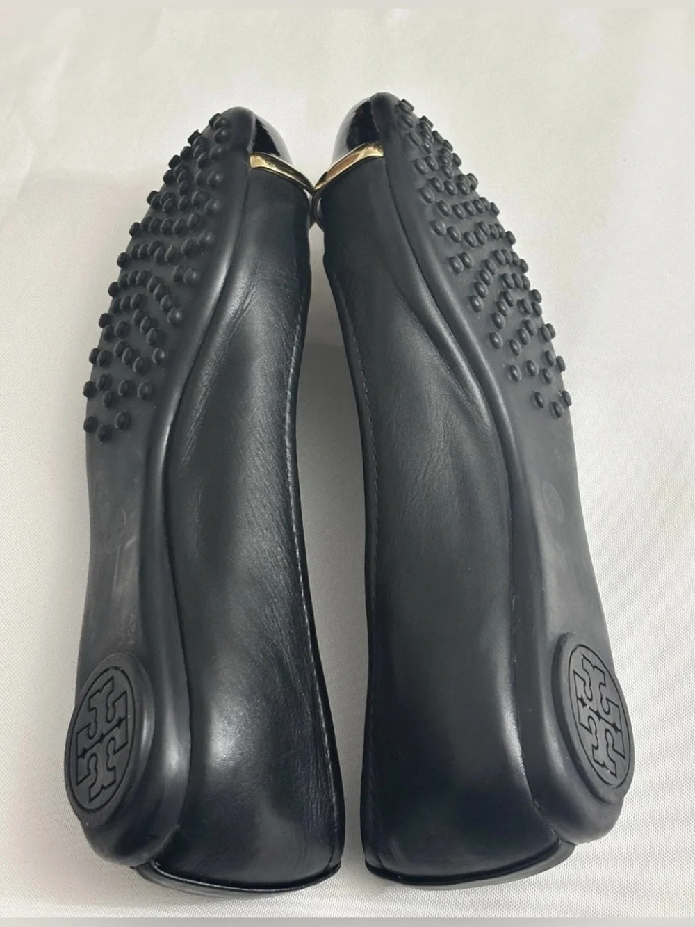 Tory Burch Pacey Black Leather Cap Toe Logo Ballerina Flats Size  6.5M.